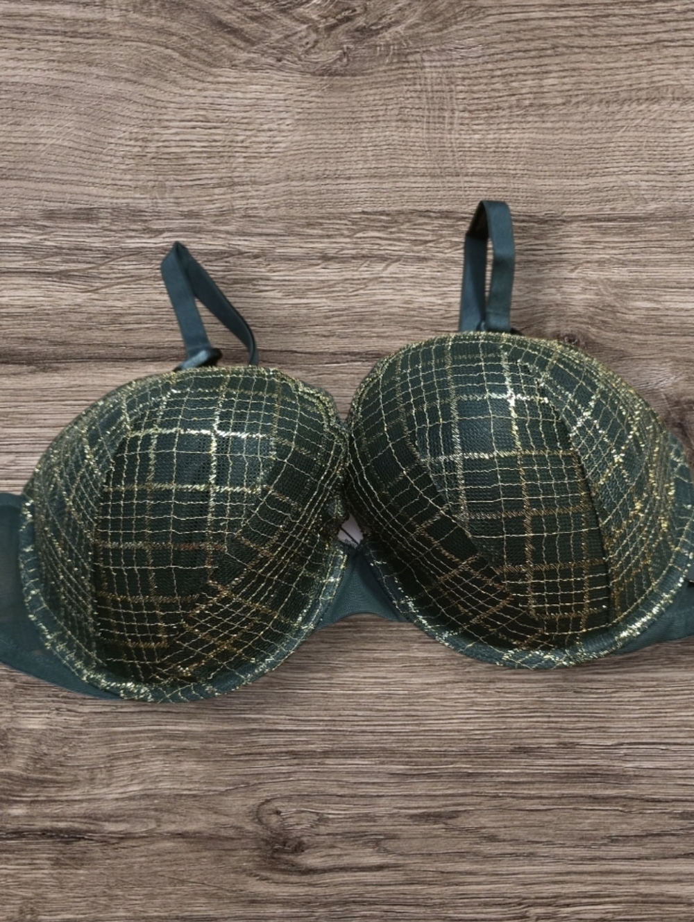 Victoria's Secret Dark Green Plaid Underwire Bra with Gold Accents